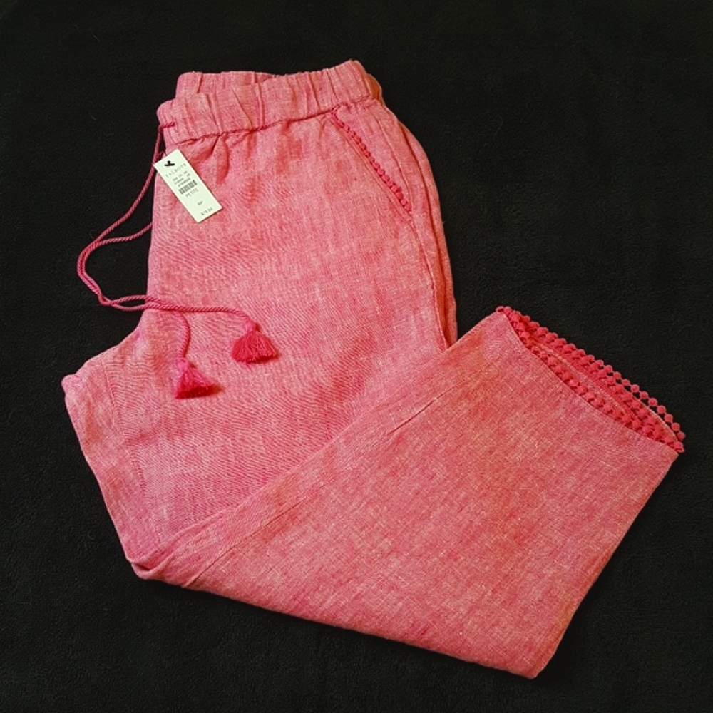 NWT Talbots Pink Linen Crop'd Pants w/ Tassled Tie Waist & Fringe, Sz 6P